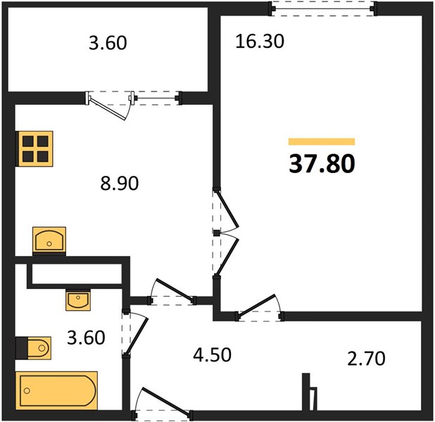 1-комнатная, 37,8 м² — планировка