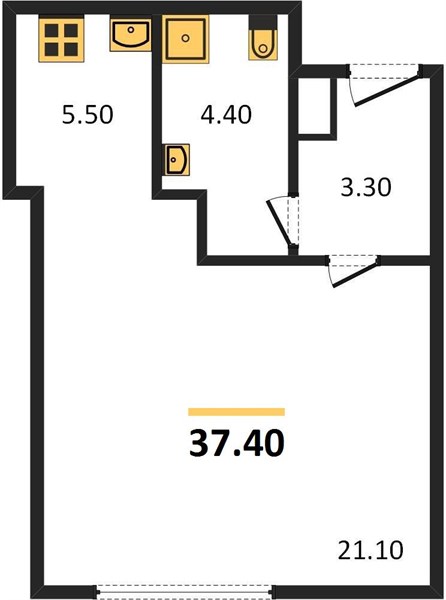 1-комнатная, 37,4 м² — планировка