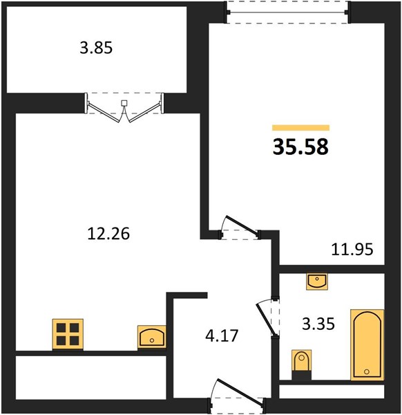 1-комнатная, 35,58 м² — планировка