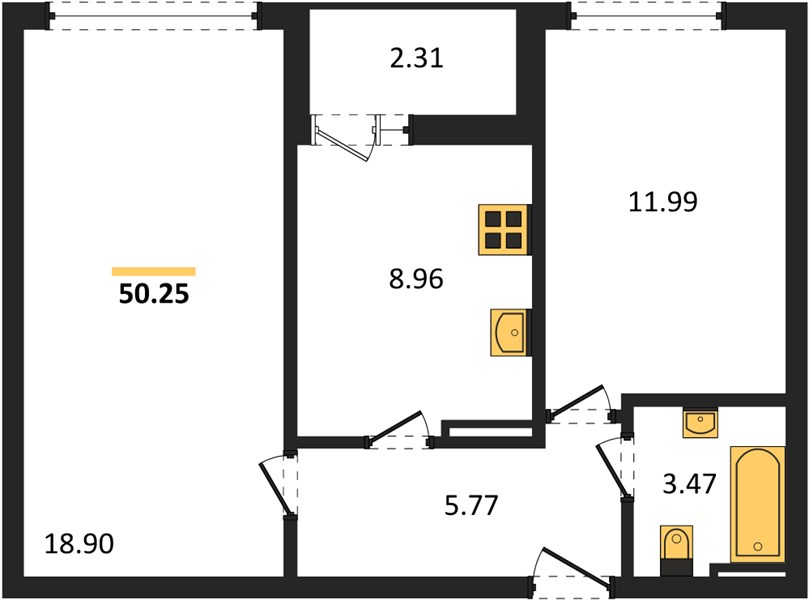 2-комнатная, 51,4 м² — планировка