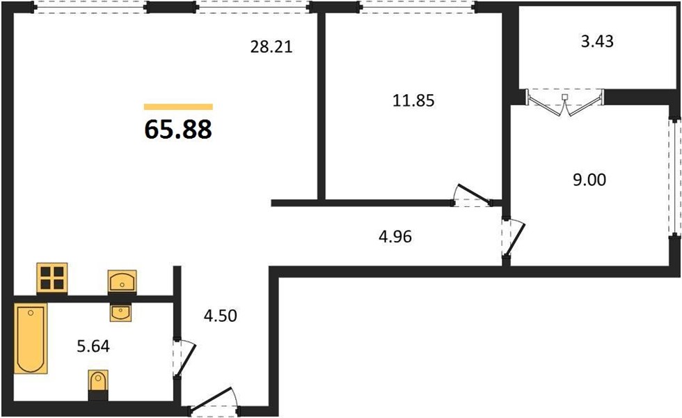 2-комнатная, 65,88 м² — планировка