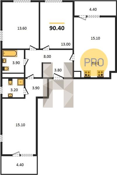 3-комнатная 90.4 м2 в ЖК Парк-квартал «Атмосфера», 2 дом корпус null этаж 17