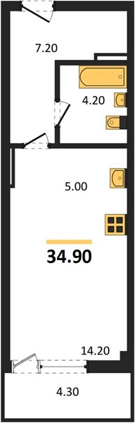 Студия, 34,9 м² — планировка