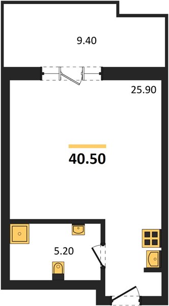 1-комнатная, 40,5 м² — планировка