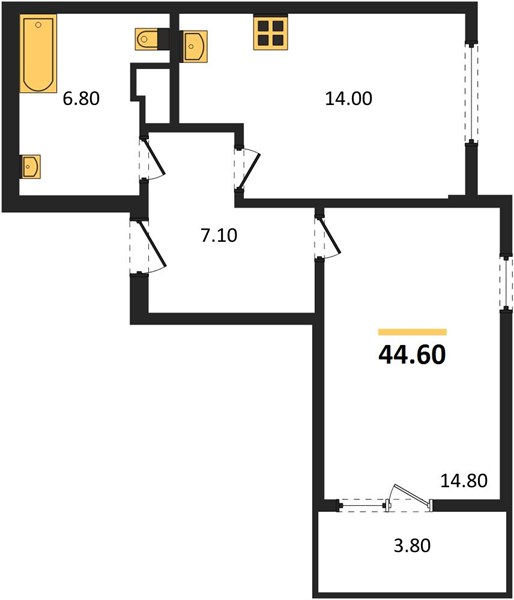 1-комнатная, 44,6 м² — планировка