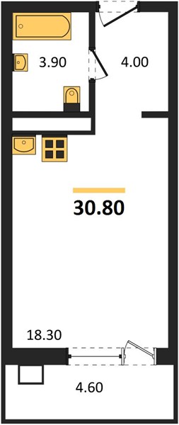Студия, 30,8 м² — планировка
