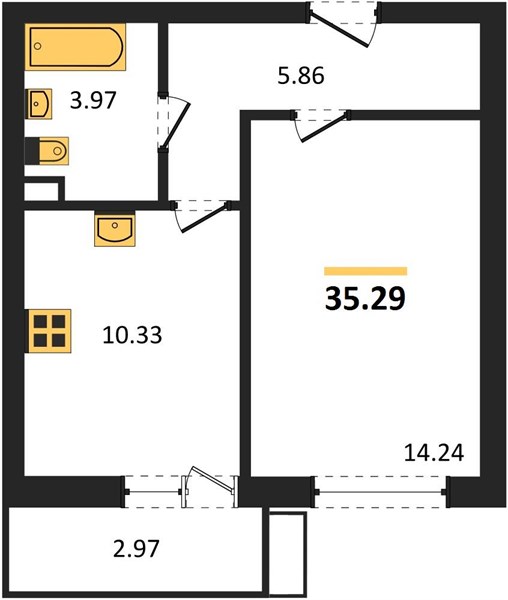 1-комнатная, 35,29 м² — планировка