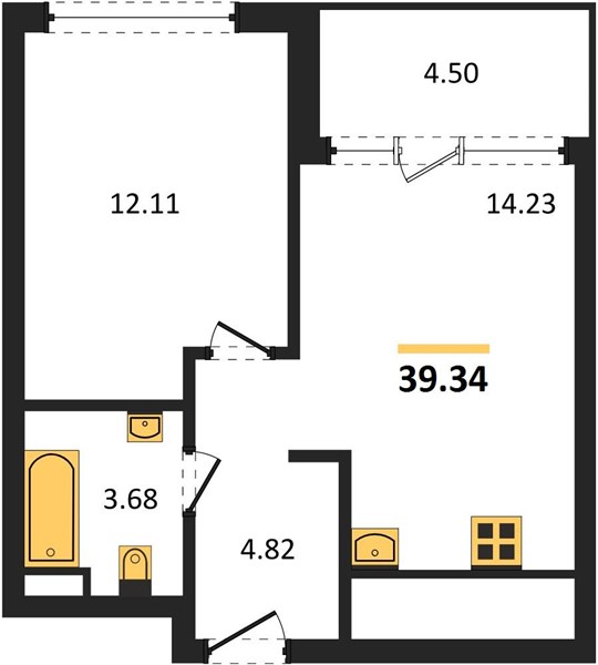 1-комнатная, 39,34 м² — планировка