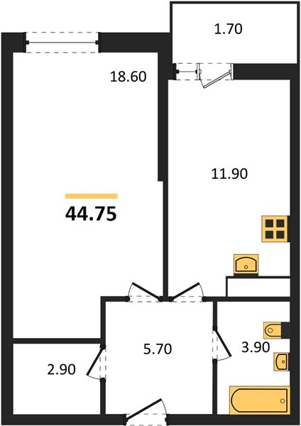 1-комнатная, 44,75 м² — планировка