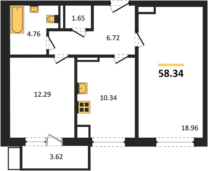 2-комнатная, 58,34 м² — планировка