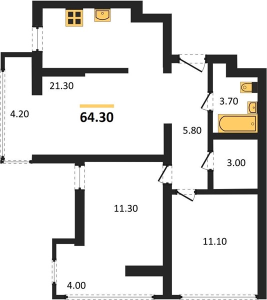 2-комнатная, 64,3 м² — планировка