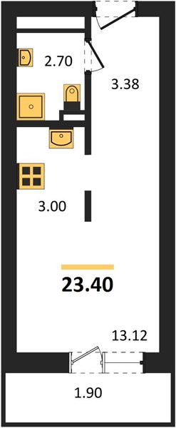 1-комнатная, 23,4 м² — планировка