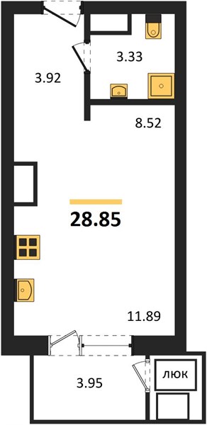 1-комнатная, 28,85 м² — планировка