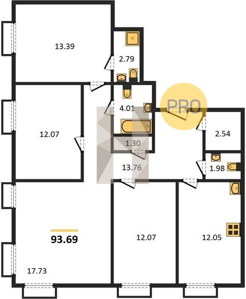 4-комнатная 93.7 м2 в ЖК Paris корпус null этаж 2