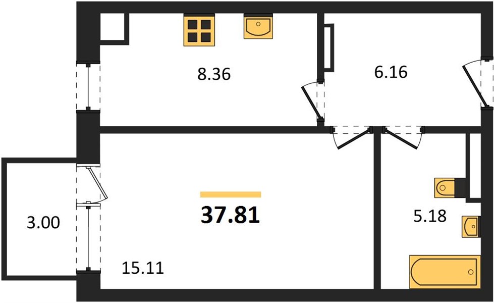 1-комнатная, 37,9 м² — планировка