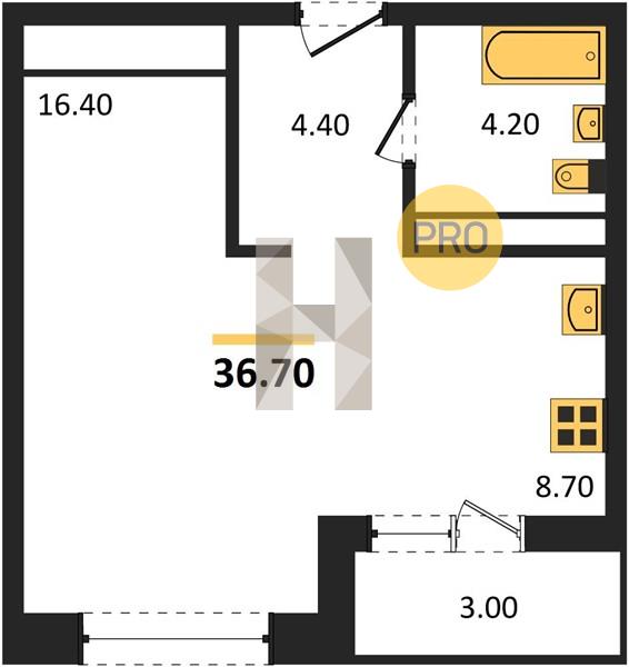 1-комнатная 36.7 м2 в ЖК Новый восход корпус null этаж 4