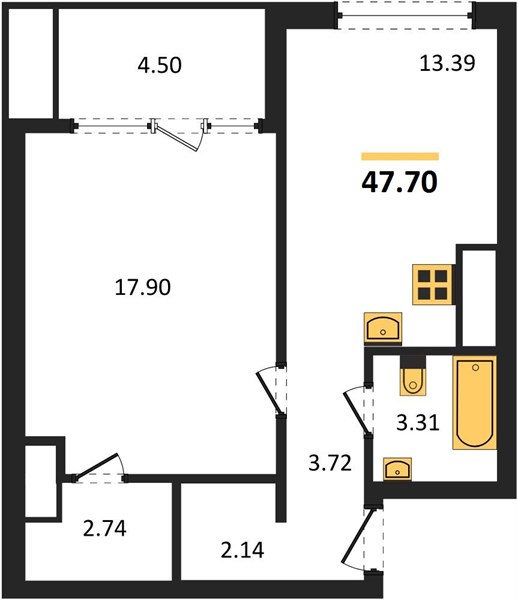 1-комнатная, 47,7 м² — планировка