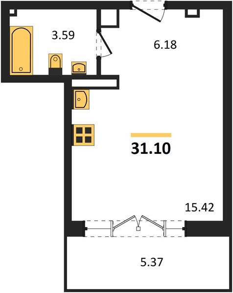 1-комнатная, 31,1 м² — планировка