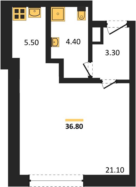 1-комнатная, 36,8 м² — планировка