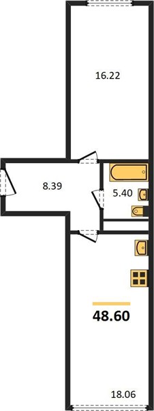 1-комнатная, 48,6 м² — планировка