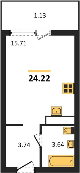 1-комнатная, 24,22 м² — планировка