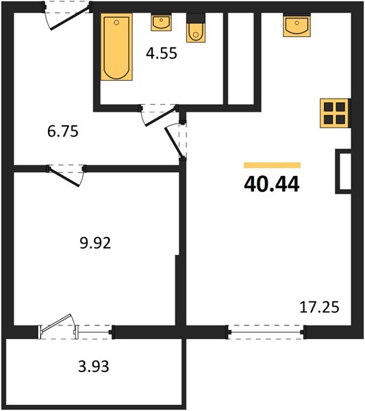 1-комнатная, 40,44 м² — планировка