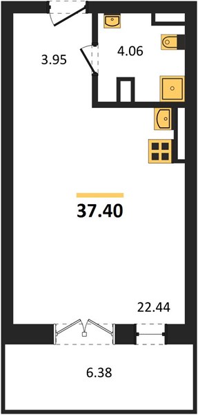 1-комнатная, 37,4 м² — планировка