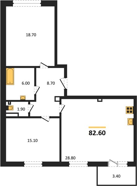 2-комнатная, 82,6 м² — планировка