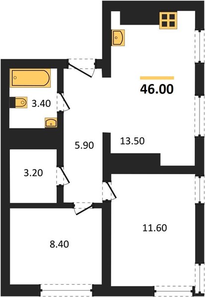 2-комнатная, 46 м² — планировка