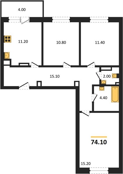 3-комнатная, 74,1 м² — планировка