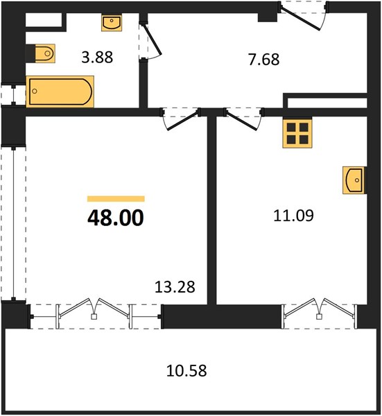 1-комнатная, 48 м² — планировка