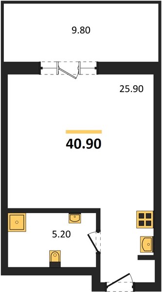 1-комнатная, 40,9 м² — планировка