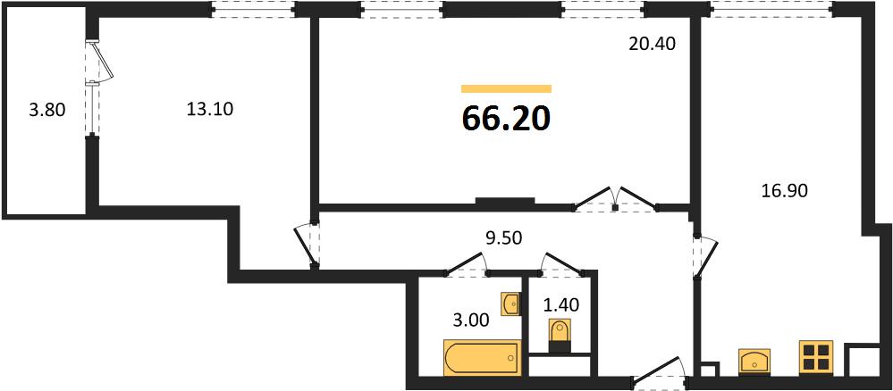 2-комнатная, 66,2 м² — планировка