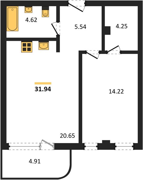 2-комнатная, 31,94 м² — планировка