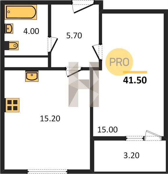 1-комнатная 41.5 м2 в ЖК Парк-квартал «Атмосфера», 2 дом корпус null этаж 16