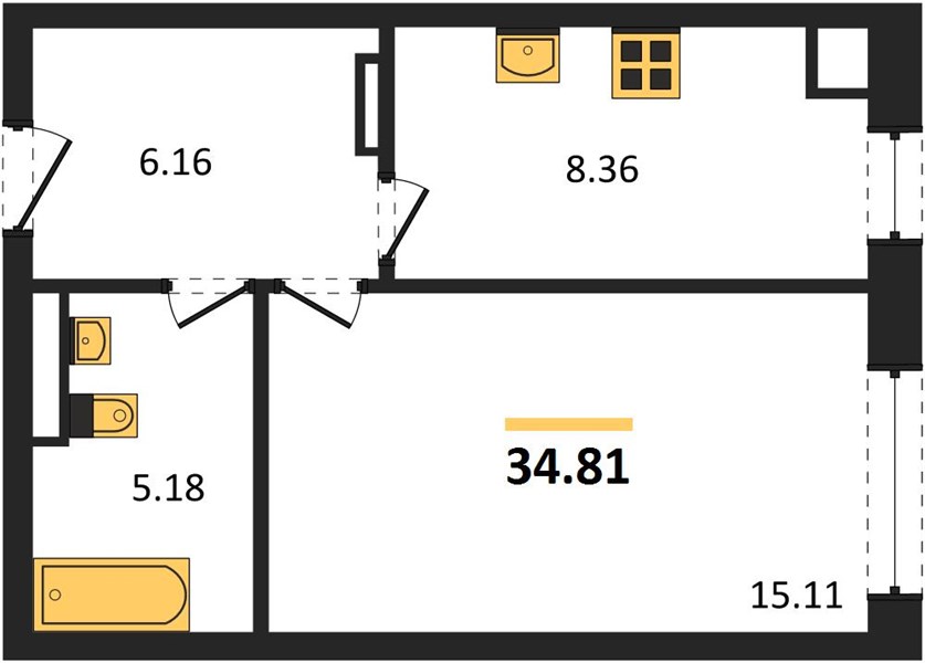 1-комнатная, 35 м² — планировка