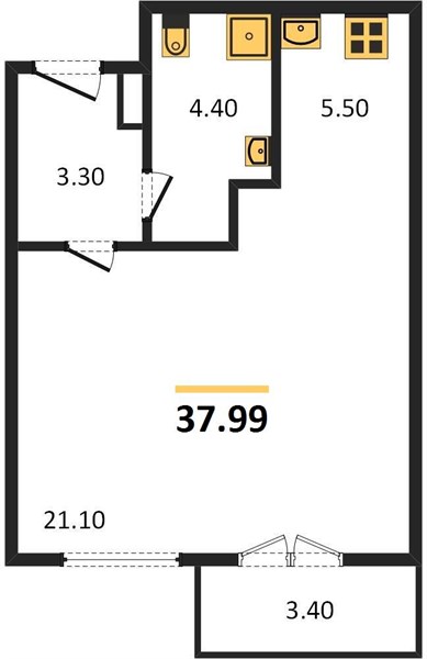 1-комнатная, 37,99 м² — планировка