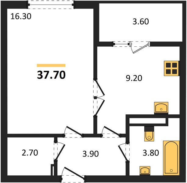 1-комнатная, 37,7 м² — планировка