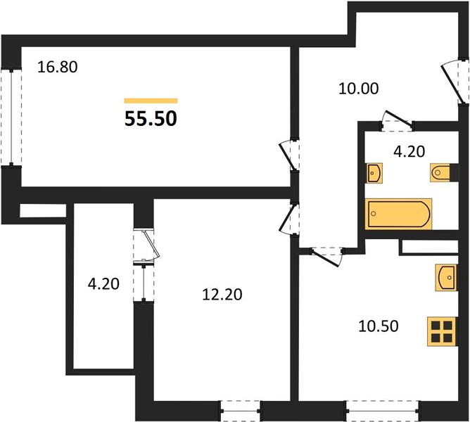 2-комнатная, 55,5 м² — планировка