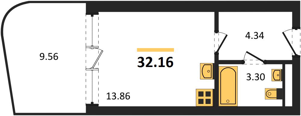 1-комнатная, 32,16 м² — планировка