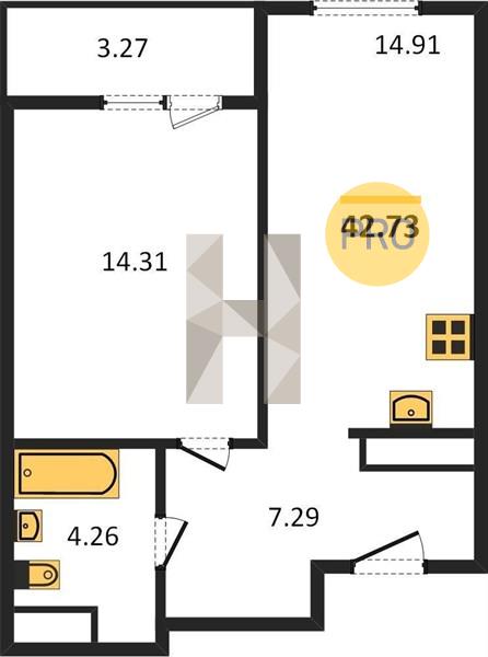 1-комнатная 42.7 м2 в ЖК ЖК «Калинка Парк» корпус null этаж 7