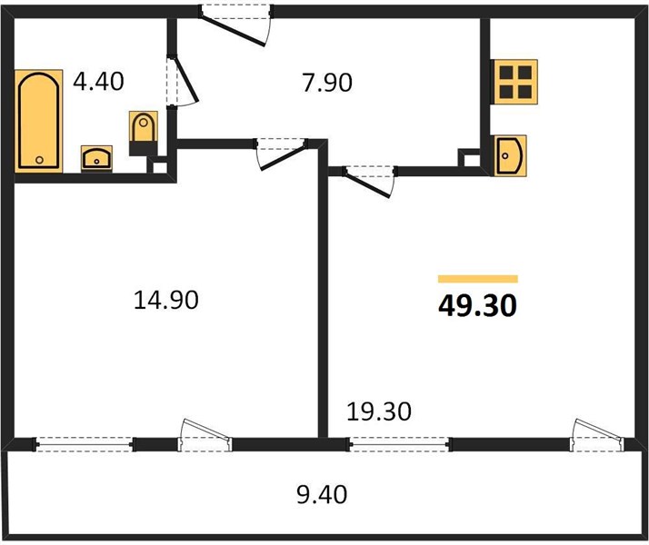 1-комнатная, 49,3 м² — планировка