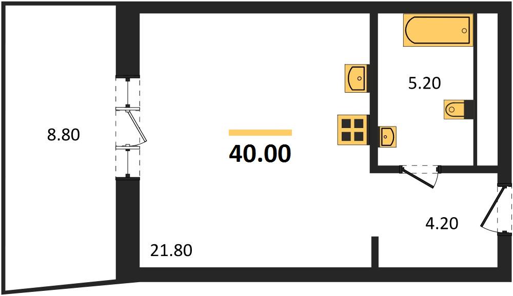 1-комнатная, 40 м² — планировка