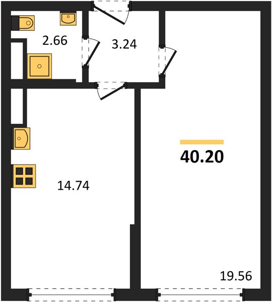 1-комнатная, 40,2 м² — планировка