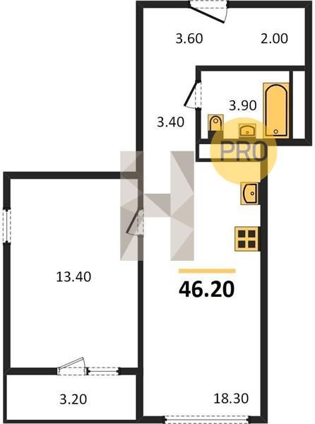 1-комнатная 46.2 м2 в ЖК Монблан корпус null этаж 14