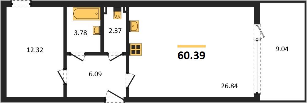 1-комнатная, 60,39 м² — планировка