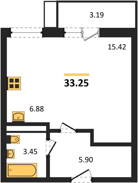 Студия, 33,25 м² — планировка
