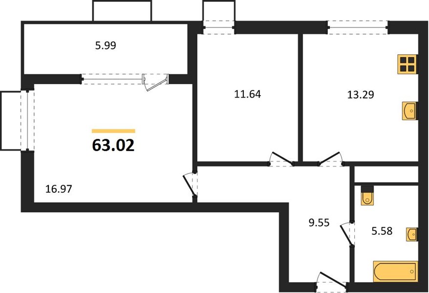 2-комнатная, 63,02 м² — планировка