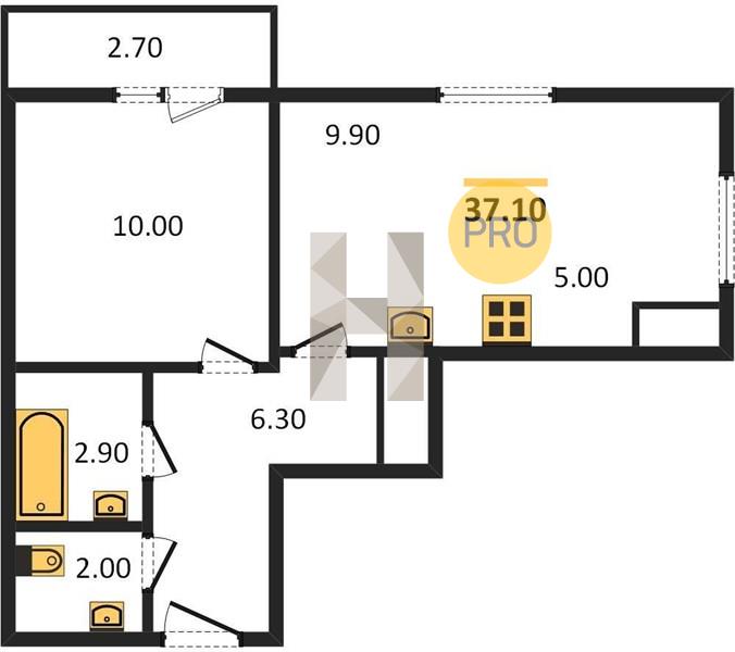 1-комнатная 37.1 м2 в ЖК ЖК «Меридиан» корпус null этаж 16