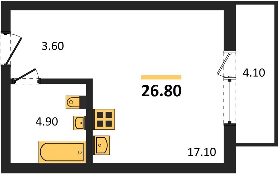 1-комнатная, 26,8 м² — планировка